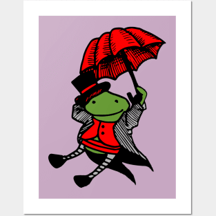 Green frog with red umbrella Posters and Art